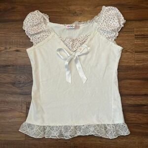 Y2K Coquette Lace Trim Babydoll Top Ivory Ribbon Bow Puff Sleeve Cottagecore S